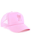 Coquette Ribbon Embroidered Bow Trucker Hat - Pink